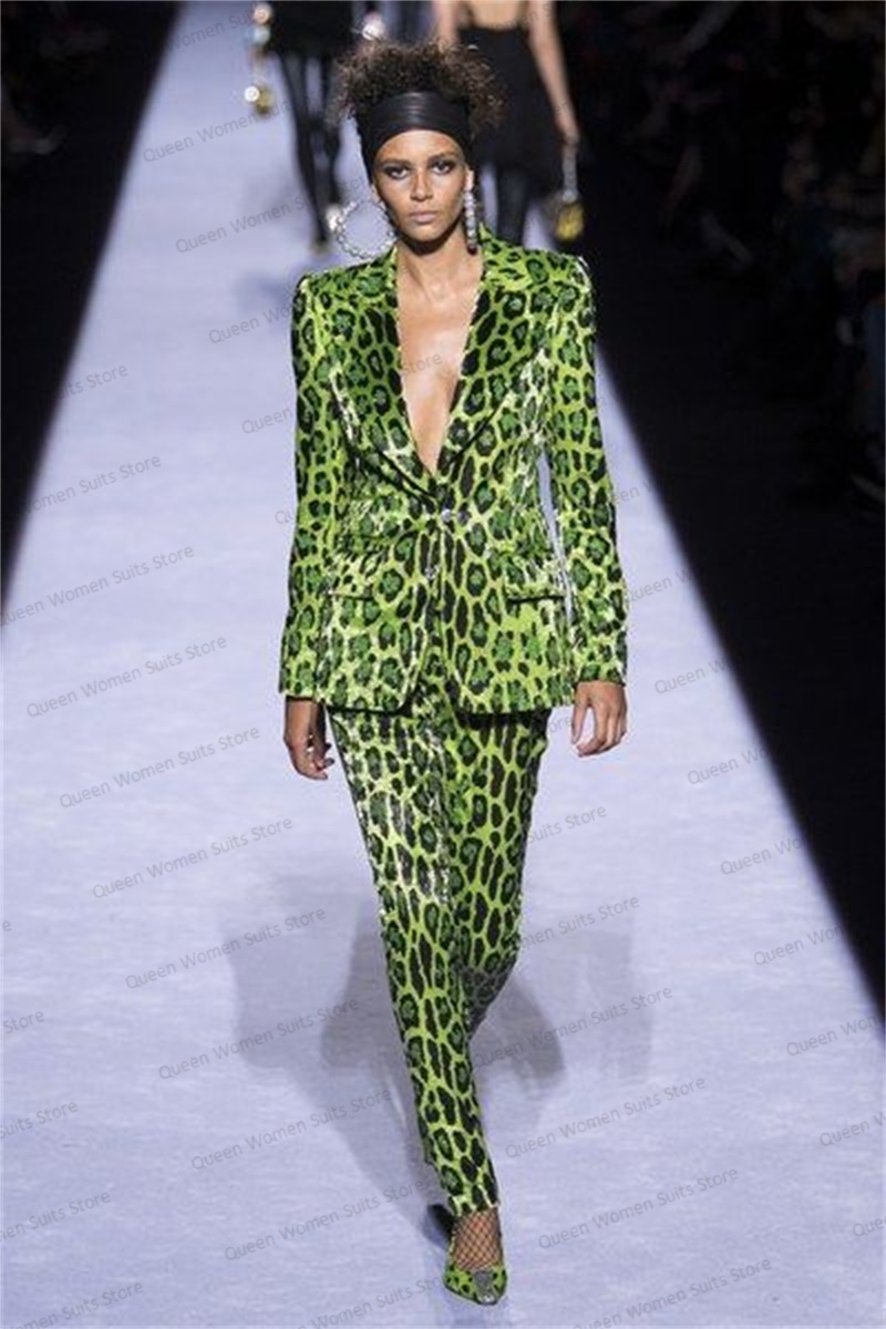 Women'S Formal Wear Tuxedo - Sequins Leopard Women Suit Set Blazer+Pants