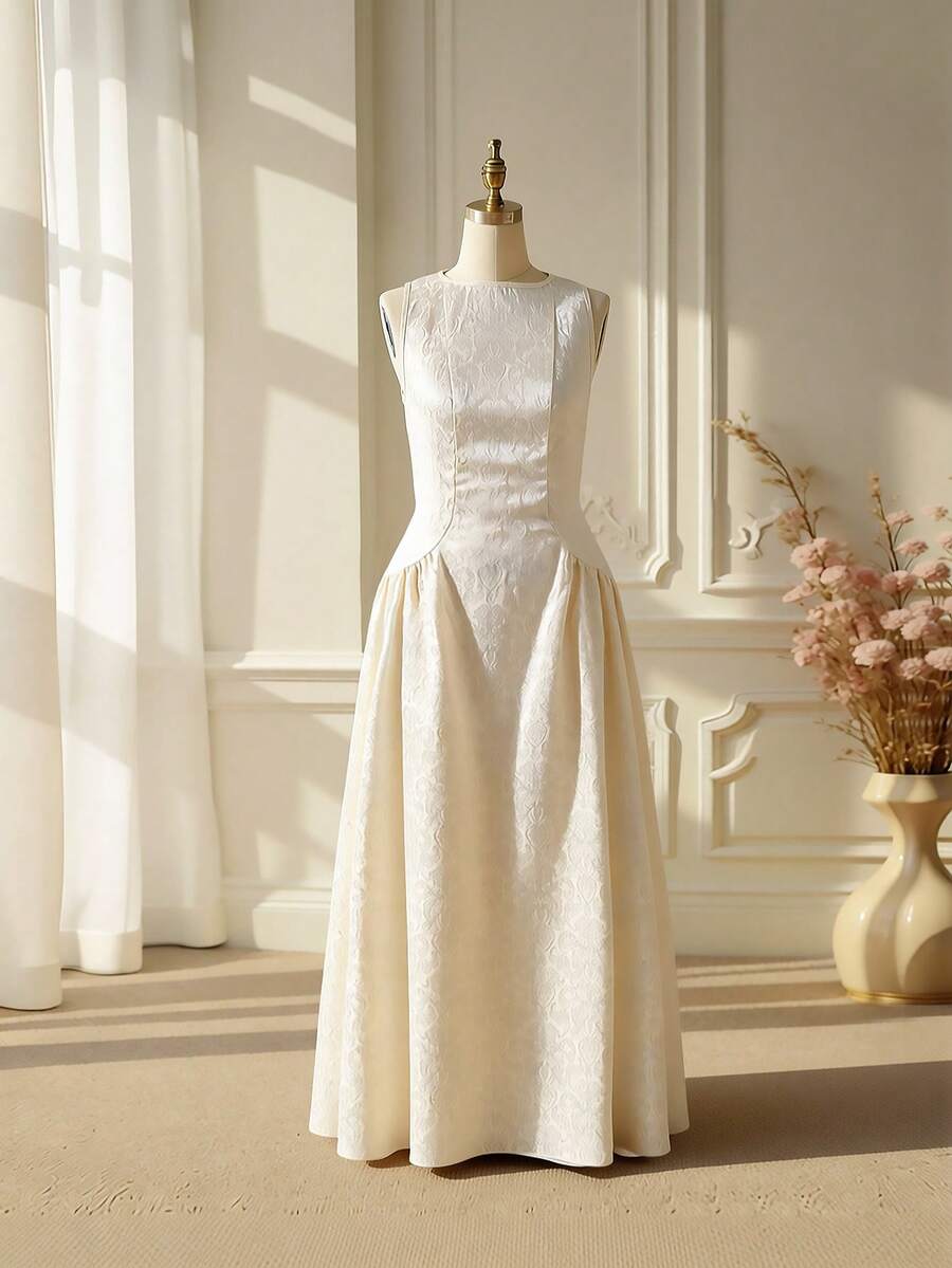 Vintage Women'S Formal Wear - Elegant Jacquard Sleeveless Zipper Dress For
