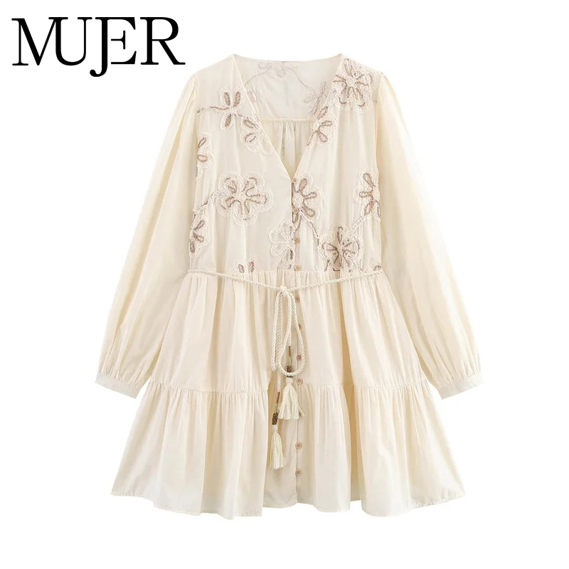 Wrap Dress Work - MUJER Flower Embroidered Mini Dress Women