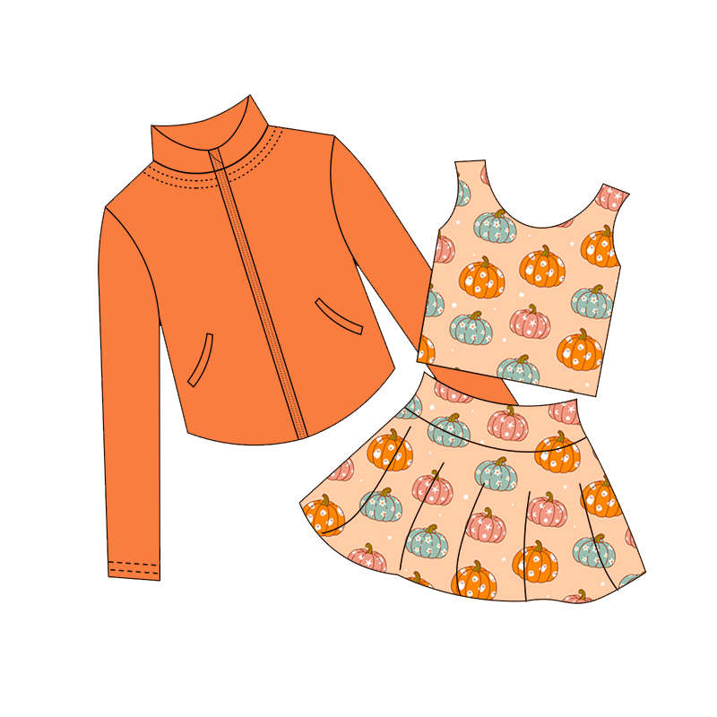 Monochrome Suit Set - Thanksgiving Pumpkin Print Girls Sleeveless Top