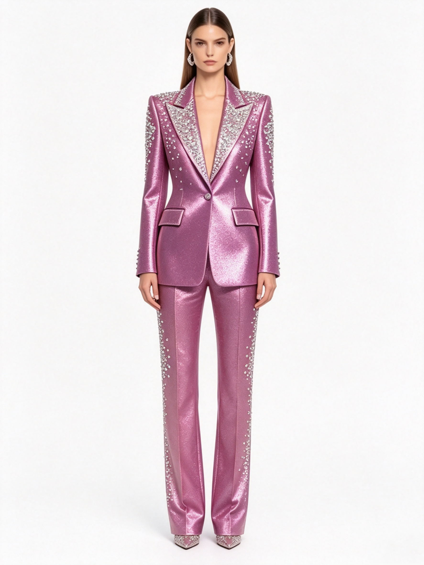 Women'S Formal Wear Tuxedo - Luxury Crystals Pink Satin Women Suit