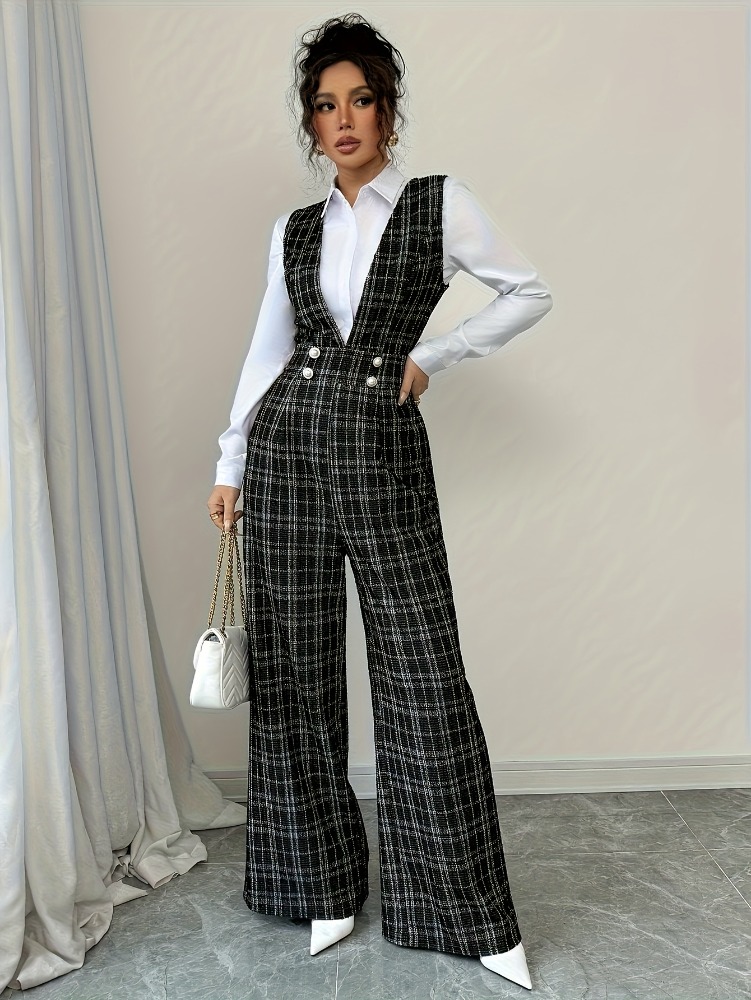 Women'S Formal Wear Jumpsuit - Women High Waist Wide Leg Plaid