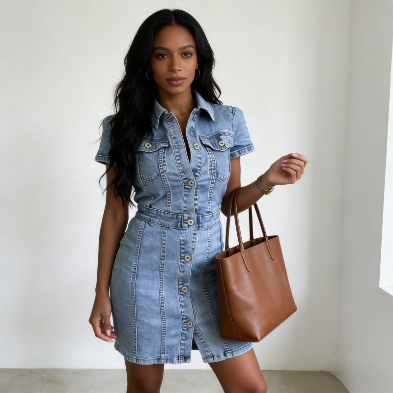 Women Denim Dresses Single Bre - Wrap Dress Work ulasan dan harga