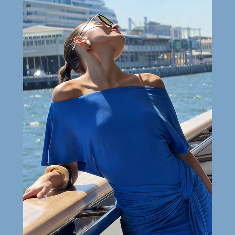 Glam Bright Blue Off Shoulder  - Wrap Dress Work ulasan dan harga