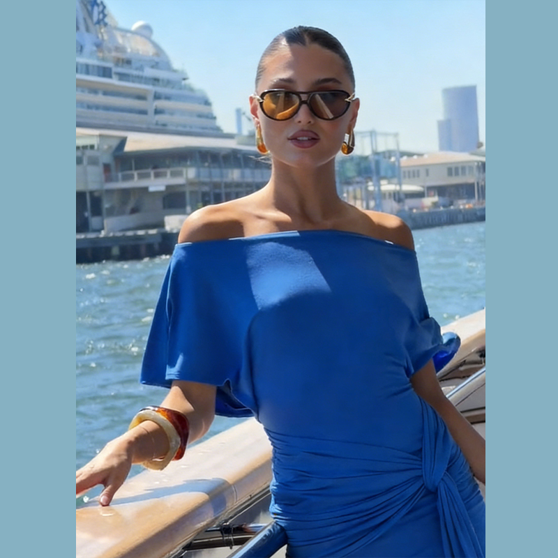 Glam Bright Blue Off Shoulder  - Wrap Dress Work ulasan dan harga