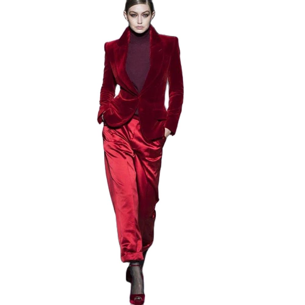 Women Pant Suits Wine Red Velv - Women Formal Wear Blazers ulasan dan harga