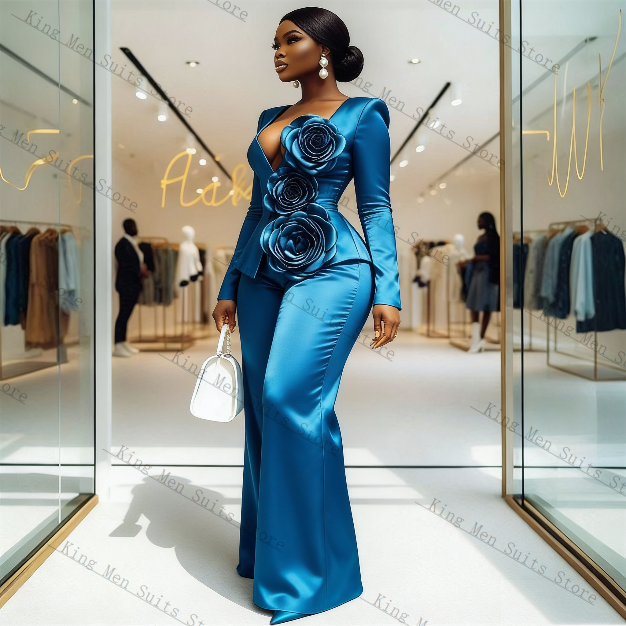 Blue Satin Women Suit Set 2 Pc - Women'S Formal Wear Tuxedo ulasan dan harga
