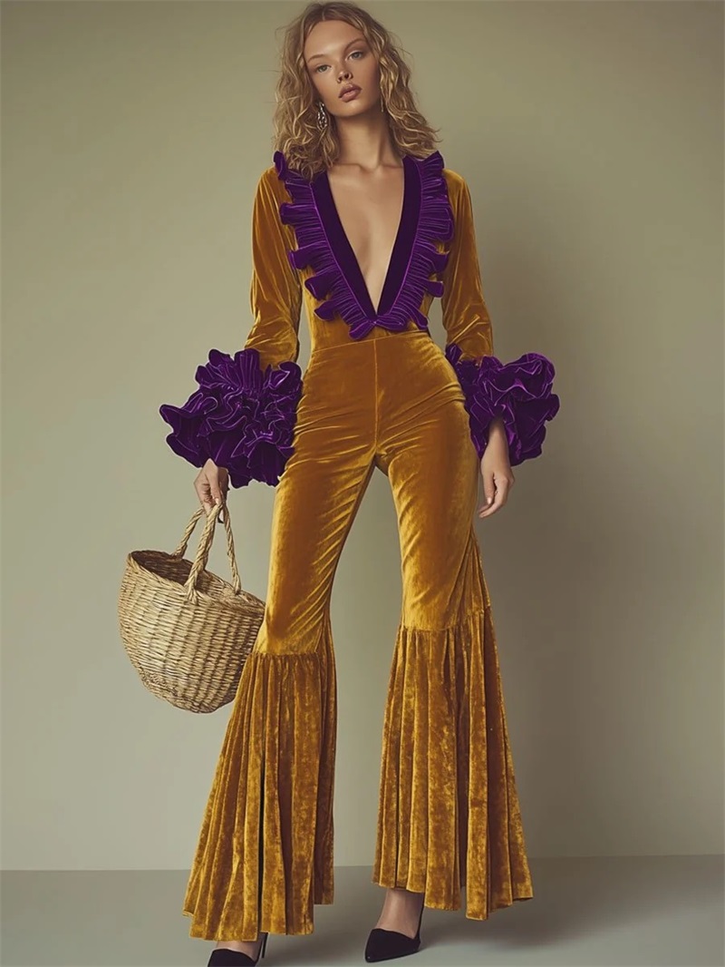 Yellow Purple Velvet Women Jum - Women'S Formal Wear Jumpsuit ulasan dan harga