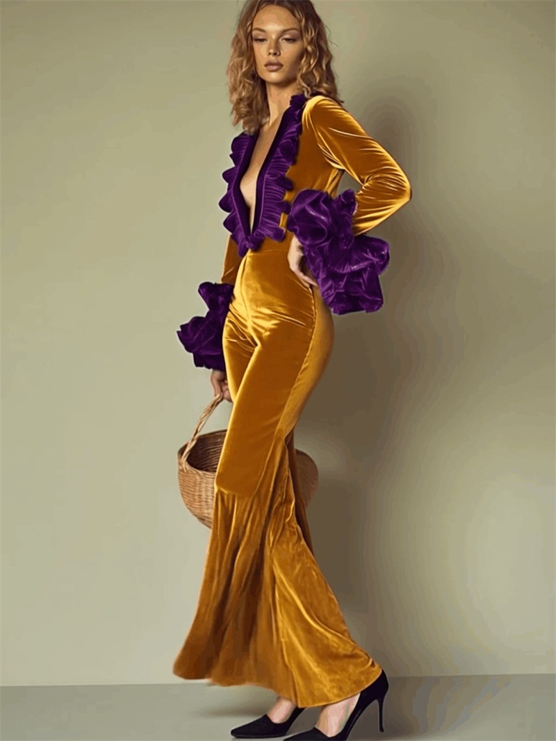 Yellow Purple Velvet Women Jum - Women'S Formal Wear Jumpsuit ulasan dan harga
